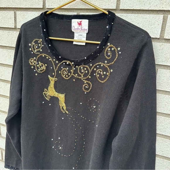 Quacker Factory Black Gold Beaded Reindeer Holiday Sweater Velvet Trim Christmas - Picture 3 of 10